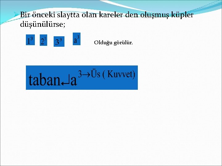 Ø Bir önceki slaytta olan kareler den oluşmuş küpler düşünülürse; Olduğu görülür. 