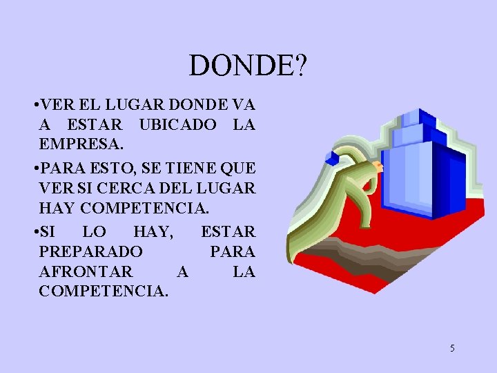 DONDE? • VER EL LUGAR DONDE VA A ESTAR UBICADO LA EMPRESA. • PARA