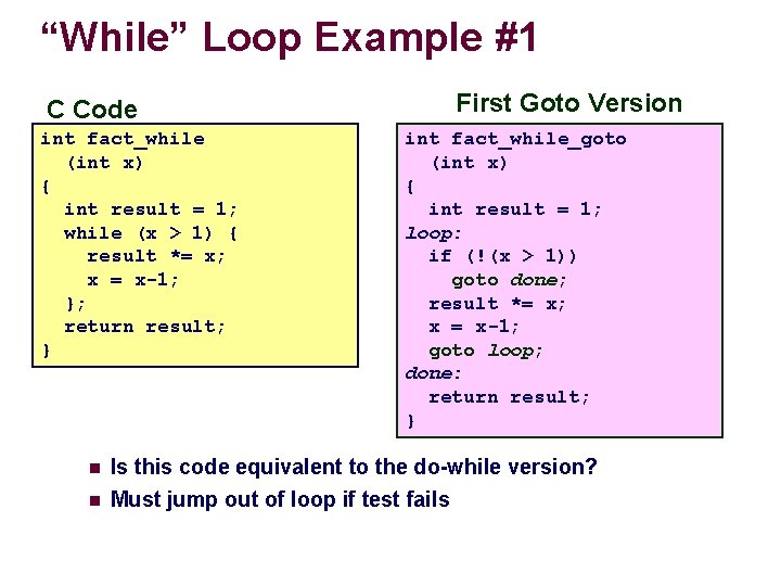 “While” Loop Example #1 C Code int fact_while (int x) { int result =