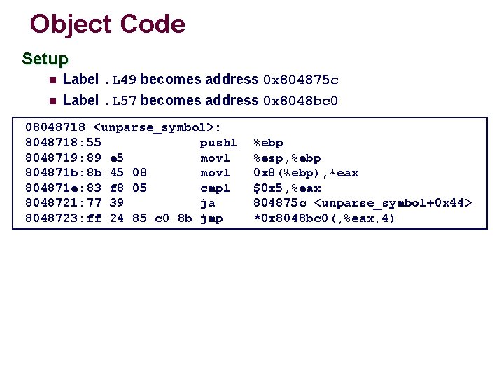 Object Code Setup n n Label. L 49 becomes address 0 x 804875 c