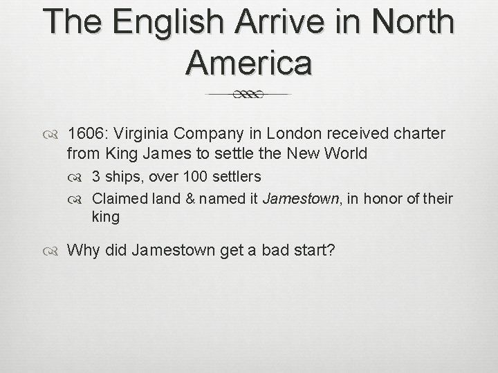 The English Arrive in North America 1606: Virginia Company in London received charter from