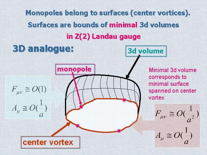 Monopoles belong to surfaces (center vortices). Surfaces are bounds of minimal 3 d volumes