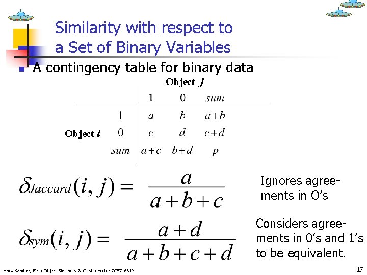 Similarity with respect to a Set of Binary Variables n A contingency table for