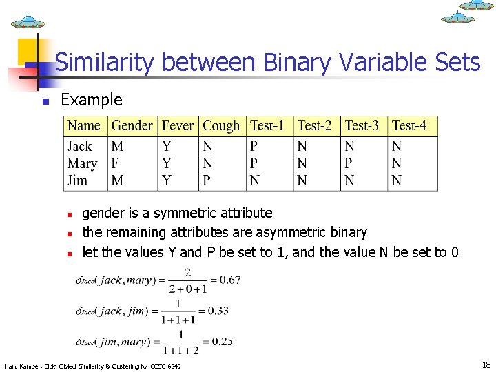 Similarity between Binary Variable Sets n Example n n n gender is a symmetric