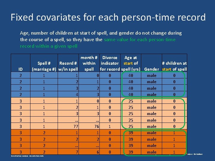 Fixed covariates for each person-time record Age, number of children at start of spell,