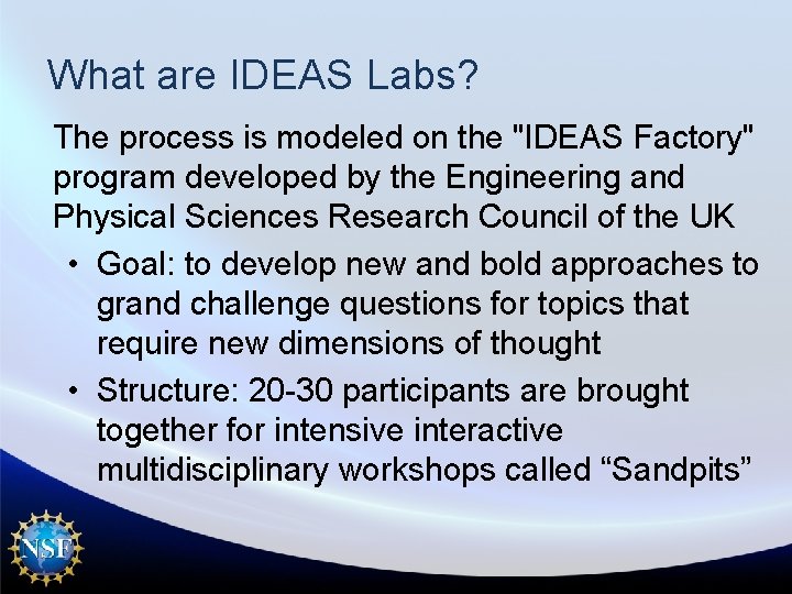 What are IDEAS Labs? The process is modeled on the "IDEAS Factory" program developed