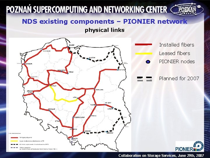 NDS existing components – PIONIER network physical links Installed fibers Leased fibers PIONIER nodes