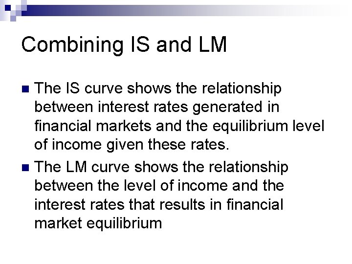 Combining IS and LM The IS curve shows the relationship between interest rates generated