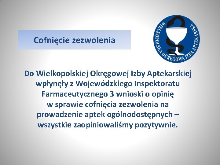 Cofnięcie zezwolenia Do Wielkopolskiej Okręgowej Izby Aptekarskiej wpłynęły z Wojewódzkiego Inspektoratu Farmaceutycznego 3 wnioski