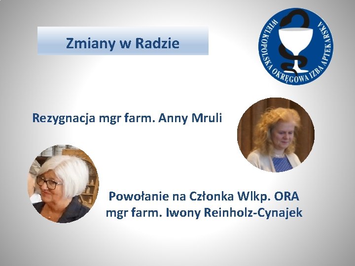 Zmiany w Radzie Rezygnacja mgr farm. Anny Mruli Powołanie na Członka Wlkp. ORA mgr