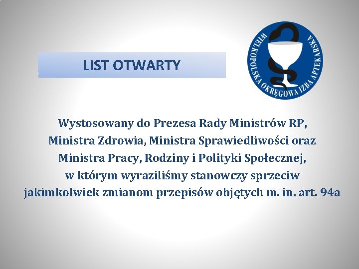 LIST OTWARTY Wystosowany do Prezesa Rady Ministrów RP, Ministra Zdrowia, Ministra Sprawiedliwości oraz Ministra