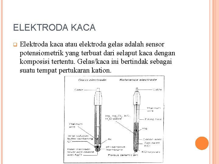 ELEKTRODA KACA q Elektroda kaca atau elektroda gelas adalah sensor potensiometrik yang terbuat dari