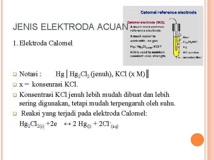 JENIS ELEKTRODA ACUAN 1. Elektroda Calomel Notasi : Hg│Hg 2 Cl 2 (jenuh), KCl