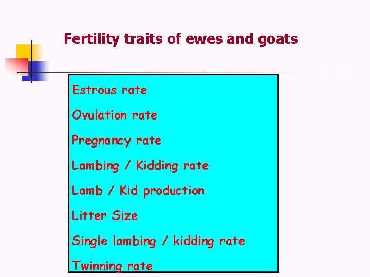 Fertility traits of ewes and goats Estrous rate Ovulation rate Pregnancy rate Lambing /