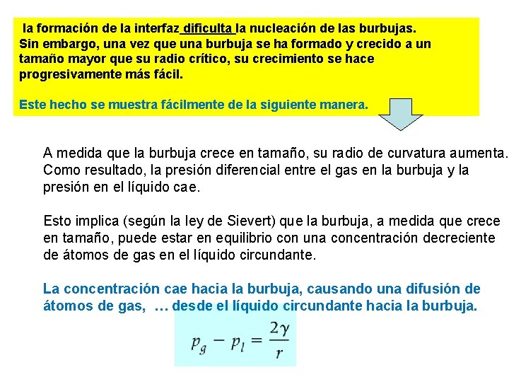 la formación de la interfaz dificulta la nucleación de las burbujas. Sin embargo, una