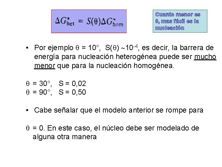 Cuanto menor es θ, mas fácil es la nucleación • Por ejemplo = 10°,