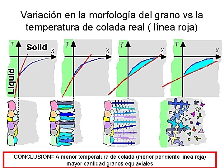 Variación en la morfología del grano vs la temperatura de colada real ( línea