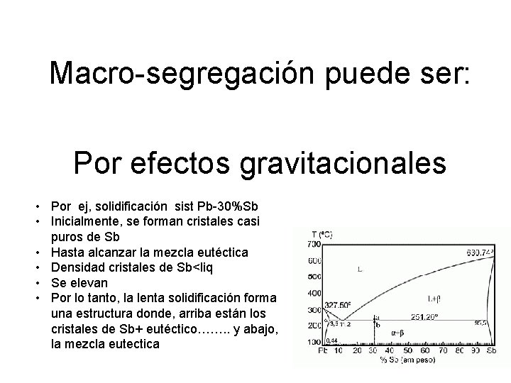 Macro-segregación puede ser: Por efectos gravitacionales • Por ej, solidificación sist Pb-30%Sb • Inicialmente,