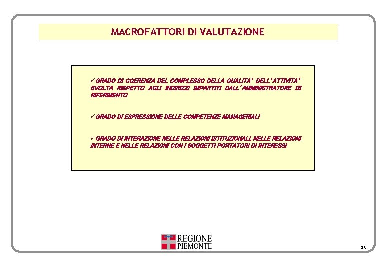 MACROFATTORI DI VALUTAZIONE üGRADO DI COERENZA DEL COMPLESSO DELLA QUALITA’ DELL’ATTIVITA’ SVOLTA RISPETTO AGLI