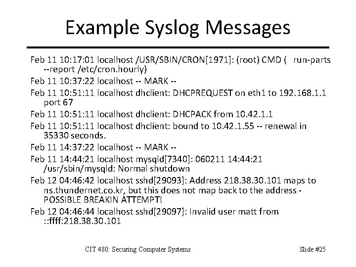 Example Syslog Messages Feb 11 10: 17: 01 localhost /USR/SBIN/CRON[1971]: (root) CMD ( run-parts