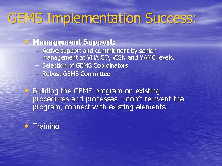 GEMS Implementation Success: • Management Support: – Active support and commitment by senior management