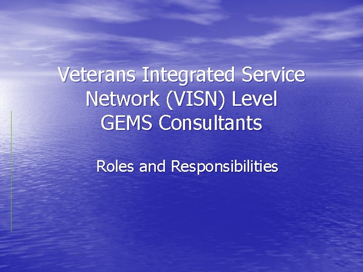 Veterans Integrated Service Network (VISN) Level GEMS Consultants Roles and Responsibilities 