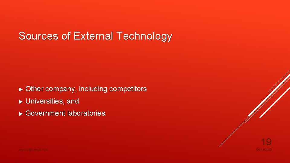 Sources of External Technology ► Other company, including competitors ► Universities, and ► Government