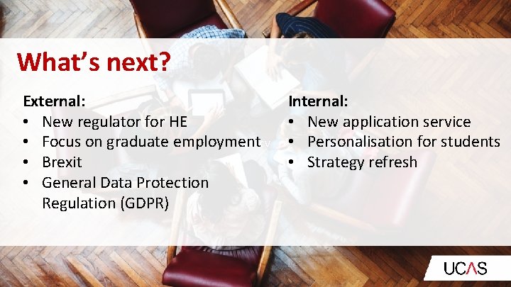 What’s next? External: • New regulator for HE mxcv • Focus on graduate employment