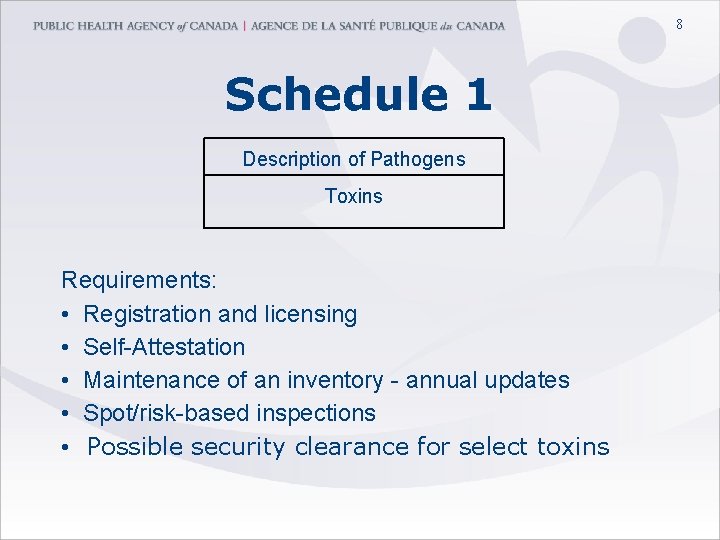 8 Schedule 1 Description of Pathogens Toxins Requirements: • Registration and licensing • Self-Attestation