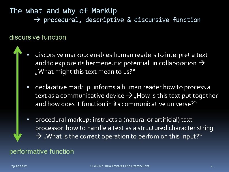 The what and why of Mark. Up procedural, descriptive & discursive function • discursive