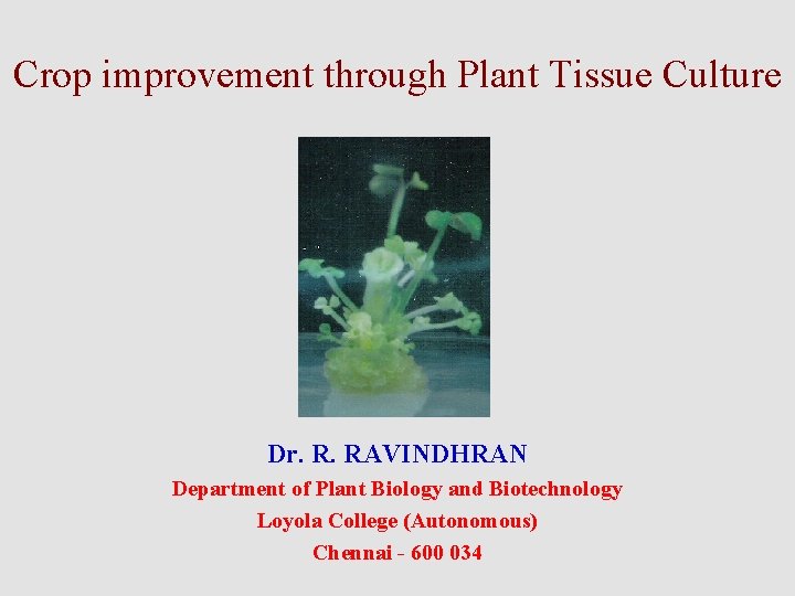 Crop improvement through Plant Tissue Culture Dr. R. RAVINDHRAN Department of Plant Biology and