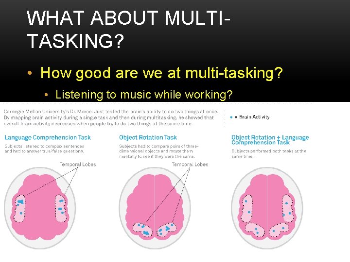 WHAT ABOUT MULTITASKING? • How good are we at multi-tasking? • Listening to music