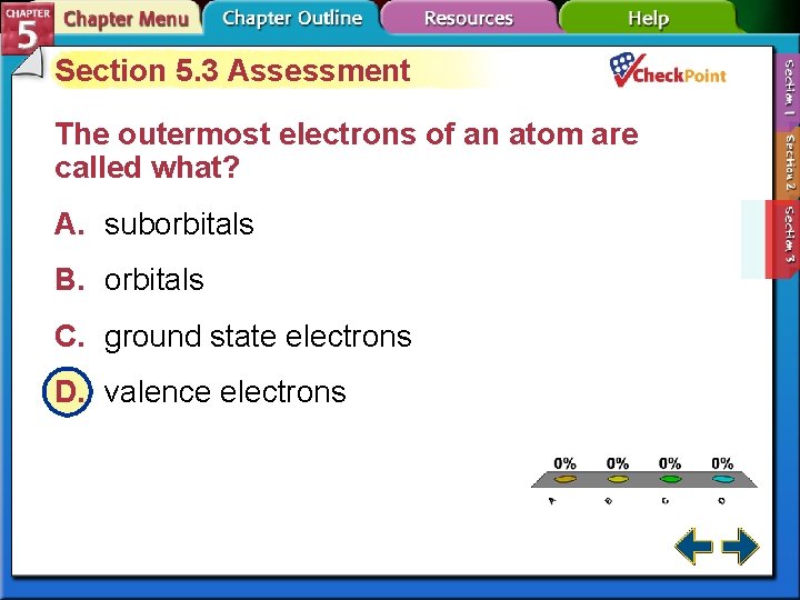 Section 5. 3 Assessment The outermost electrons of an atom are called what? A.