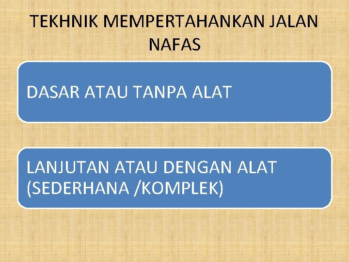 TEKHNIK MEMPERTAHANKAN JALAN NAFAS DASAR ATAU TANPA ALAT LANJUTAN ATAU DENGAN ALAT (SEDERHANA /KOMPLEK)