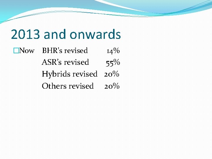 2013 and onwards �Now BHR’s revised 14% ASR’s revised 55% Hybrids revised 20% Others