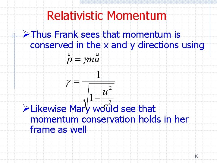 Relativistic Momentum ØThus Frank sees that momentum is conserved in the x and y