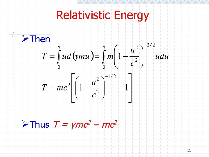 Relativistic Energy ØThen ØThus T = γmc 2 – mc 2 15 