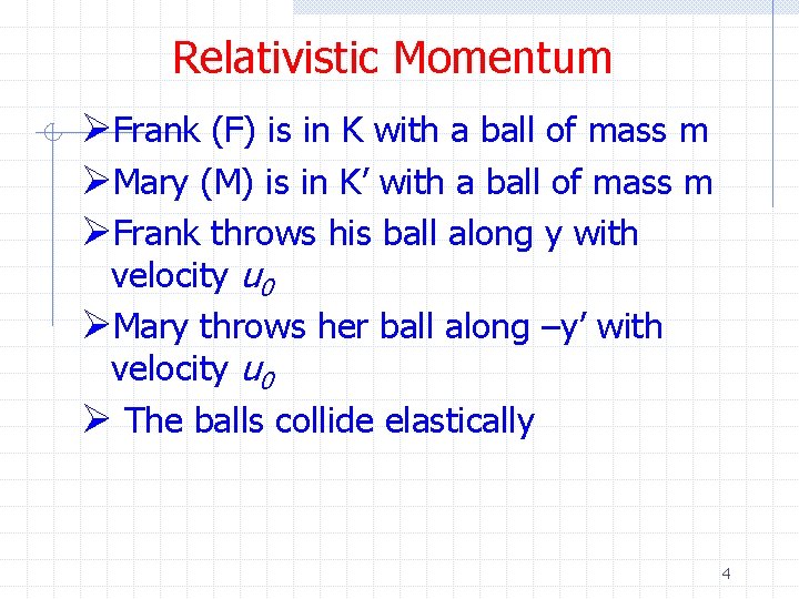 Relativistic Momentum ØFrank (F) is in K with a ball of mass m ØMary