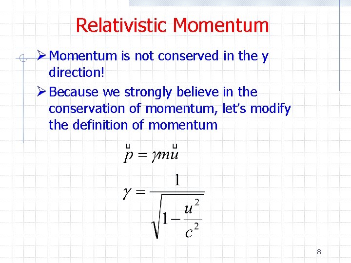 Relativistic Momentum Ø Momentum is not conserved in the y direction! Ø Because we