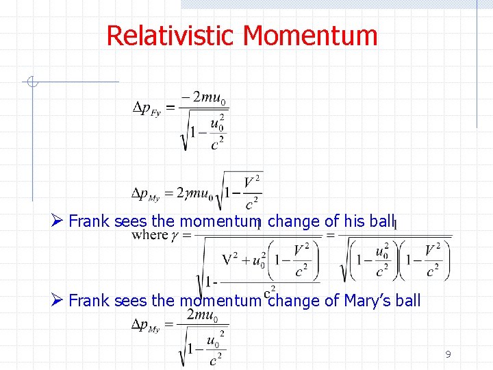 Relativistic Momentum Ø Frank sees the momentum change of his ball Ø Frank sees
