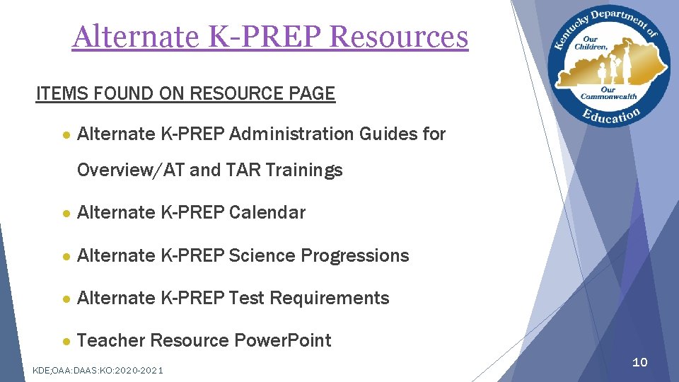 Alternate K-PREP Resources ITEMS FOUND ON RESOURCE PAGE ● Alternate K-PREP Administration Guides for