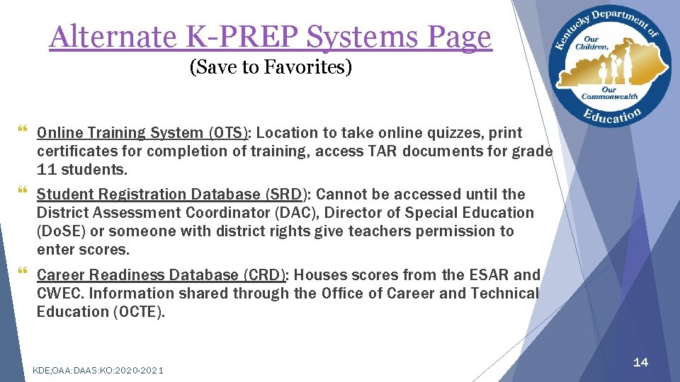 Alternate K-PREP Systems Page (Save to Favorites) } Online Training System (OTS): Location to