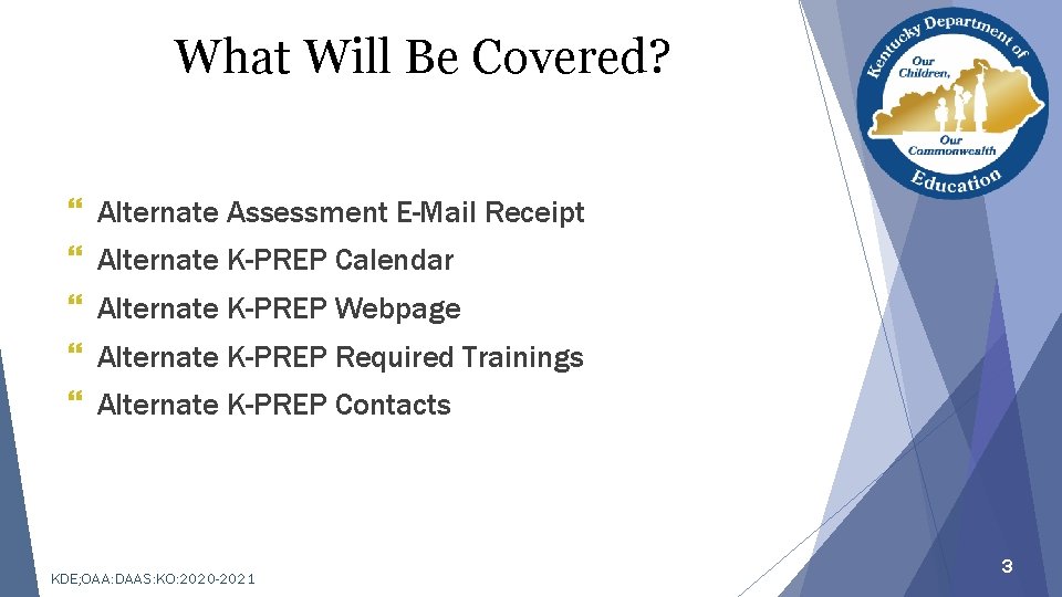 What Will Be Covered? } Alternate Assessment E-Mail Receipt } Alternate K-PREP Calendar }