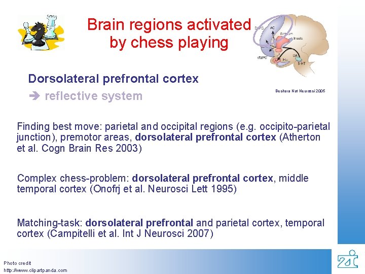 Brain regions activated by chess playing Dorsolateral prefrontal cortex reflective system Bechara Nat Neurosci