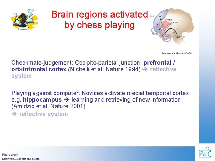 Brain regions activated by chess playing Bechara Nat Neurosci 2005 Checkmate-judgement: Occipito-parietal junction, prefrontal