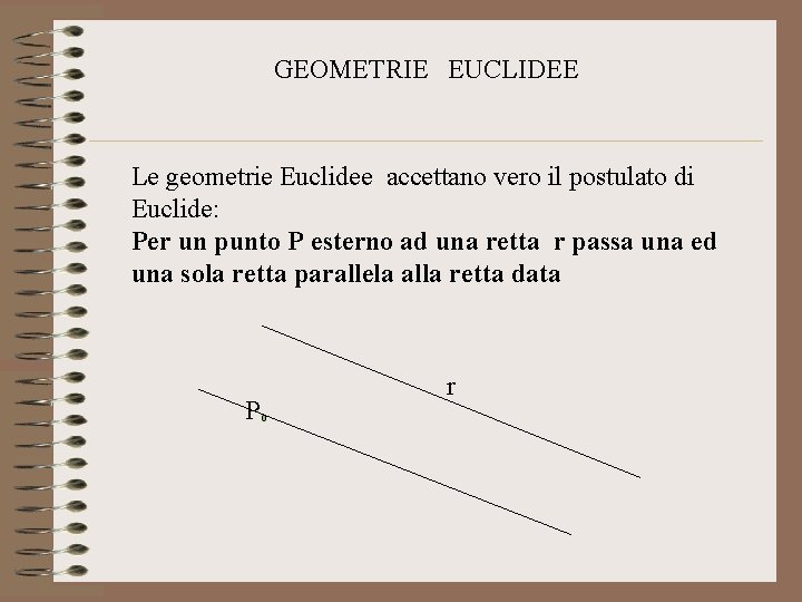 GEOMETRIE EUCLIDEE Le geometrie Euclidee accettano vero il postulato di Euclide: Per un punto