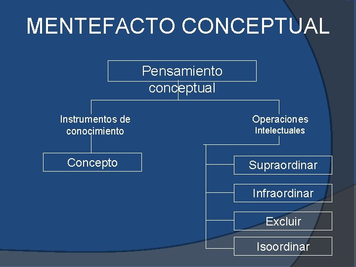 MENTEFACTO CONCEPTUAL Pensamiento conceptual Instrumentos de conocimiento Concepto Operaciones Intelectuales Supraordinar Infraordinar Excluir Isoordinar MENTEFACTO CONCEPTUAL Pensamiento conceptual Instrumentos de conocimiento Concepto Operaciones Intelectuales Supraordinar Infraordinar Excluir Isoordinar
