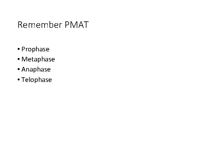 Remember PMAT • Prophase • Metaphase • Anaphase • Telophase 