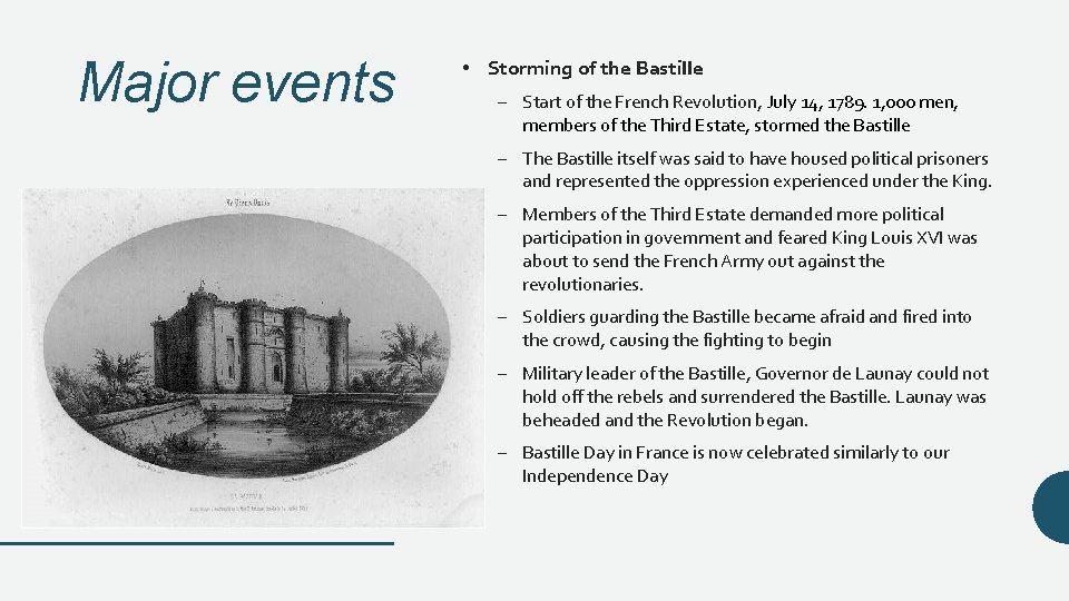 Major events • Storming of the Bastille – Start of the French Revolution, July