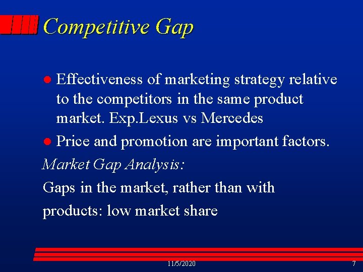 Competitive Gap Effectiveness of marketing strategy relative to the competitors in the same product